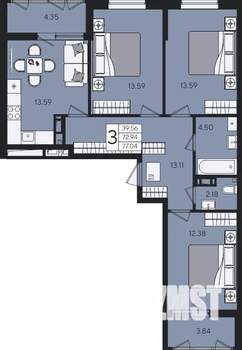 3-к квартира, строящийся дом, 77м2, 3/9 этаж