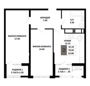 2-к квартира, вторичка, 60м2, 14/19 этаж