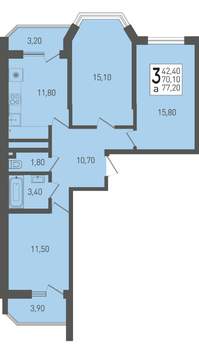 3-к квартира, строящийся дом, 77м2, 13/22 этаж