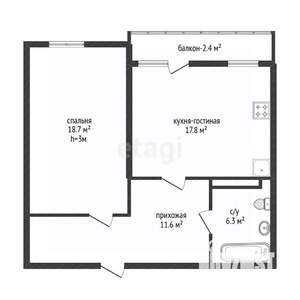 1-к квартира, вторичка, 57м2, 6/6 этаж