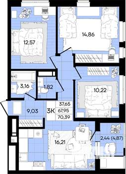 3-к квартира, вторичка, 70м2, 14/18 этаж