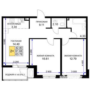 2-к квартира, вторичка, 64м2, 2/16 этаж