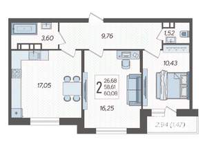 2-к квартира, вторичка, 60м2, 16/19 этаж