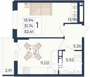 1-к квартира, вторичка, 33м2, 16/18 этаж