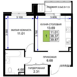 1-к квартира, вторичка, 40м2, 2/16 этаж