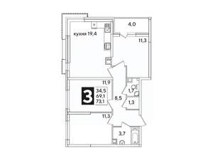 3-к квартира, вторичка, 73м2, 6/16 этаж