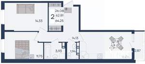 2-к квартира, вторичка, 64м2, 5/18 этаж