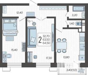 2-к квартира, строящийся дом, 66м2, 1/12 этаж