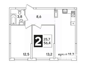 2-к квартира, вторичка, 56м2, 14/16 этаж