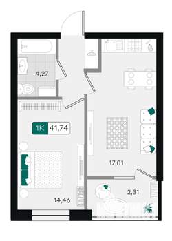 1-к квартира, вторичка, 42м2, 4/18 этаж