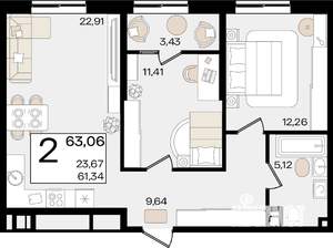 2-к квартира, вторичка, 63м2, 4/18 этаж