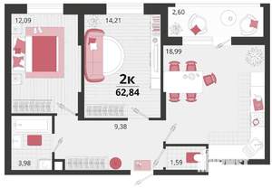2-к квартира, вторичка, 63м2, 18/18 этаж