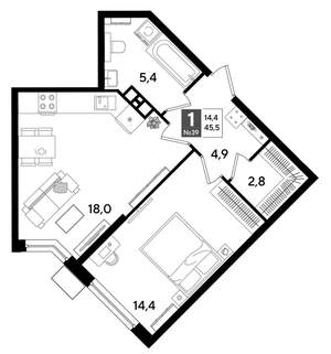 1-к квартира, вторичка, 46м2, 5/19 этаж