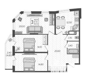 3-к квартира, вторичка, 90м2, 9/16 этаж