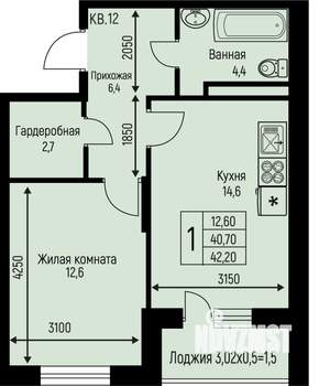 1-к квартира, строящийся дом, 42м2, 3/3 этаж
