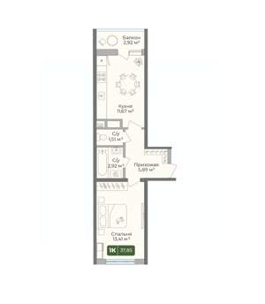 1-к квартира, вторичка, 38м2, 2/10 этаж