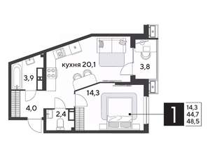 1-к квартира, строящийся дом, 49м2, 12/18 этаж