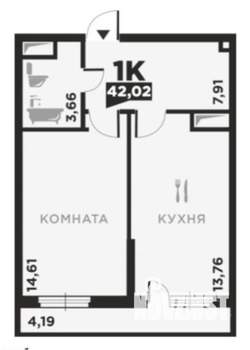 1-к квартира, вторичка, 42м2, 12/15 этаж