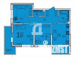 3-к квартира, вторичка, 70м2, 7/22 этаж