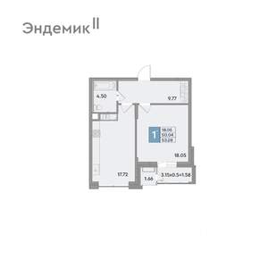 1-к квартира, вторичка, 53м2, 3/12 этаж