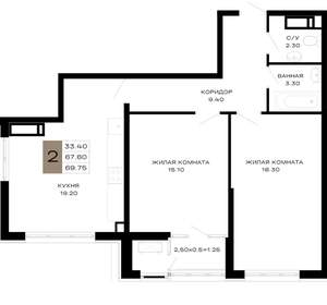 2-к квартира, вторичка, 69м2, 5/21 этаж