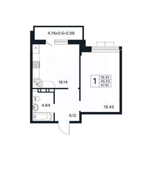 1-к квартира, вторичка, 48м2, 7/12 этаж