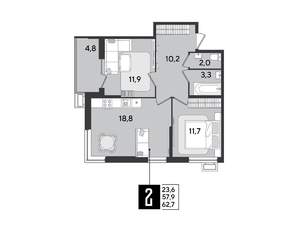 2-к квартира, вторичка, 63м2, 2/9 этаж