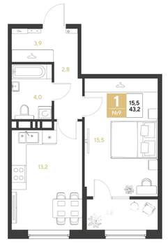 1-к квартира, строящийся дом, 43м2, 3/8 этаж
