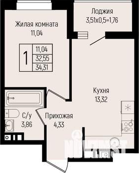 1-к квартира, вторичка, 34м2, 9/15 этаж