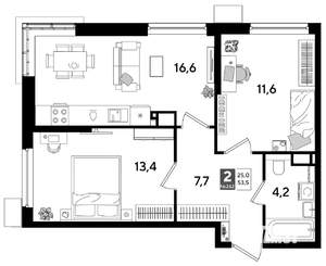 2-к квартира, строящийся дом, 54м2, 14/16 этаж