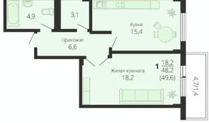 1-к квартира, вторичка, 50м2, 7/9 этаж