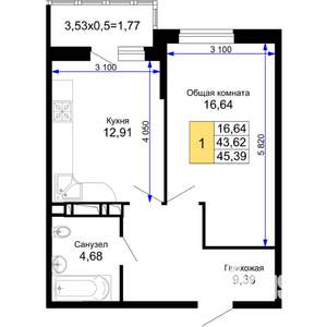 1-к квартира, строящийся дом, 45м2, 9/15 этаж