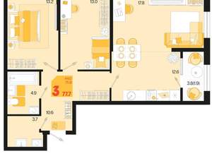 3-к квартира, вторичка, 78м2, 2/18 этаж