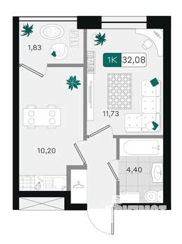 1-к квартира, вторичка, 32м2, 4/9 этаж