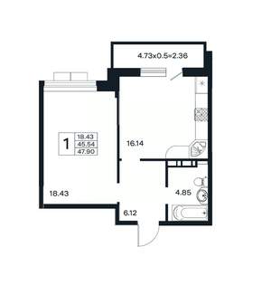 1-к квартира, вторичка, 48м2, 12/12 этаж