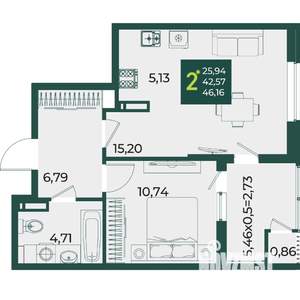 2-к квартира, вторичка, 46м2, 13/18 этаж