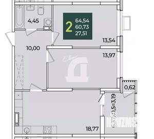 2-к квартира, сданный дом, 65м2, 5/21 этаж