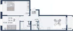 2-к квартира, вторичка, 58м2, 10/18 этаж