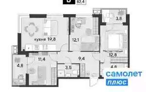 3-к квартира, вторичка, 82м2, 7/9 этаж