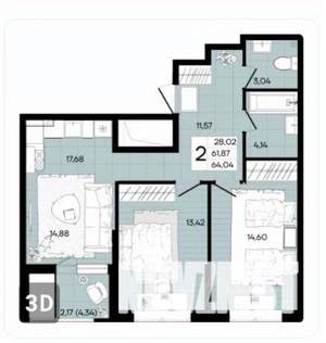 2-к квартира, вторичка, 68м2, 12/18 этаж