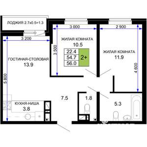 2-к квартира, строящийся дом, 56м2, 11/16 этаж