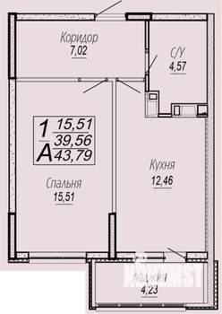 1-к квартира, вторичка, 44м2, 9/16 этаж