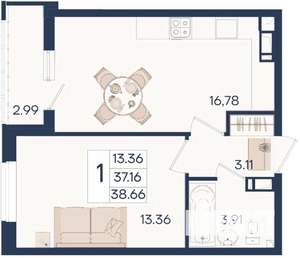 1-к квартира, вторичка, 39м2, 10/18 этаж