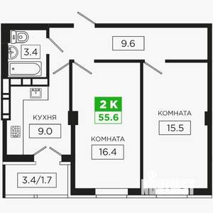 2-к квартира, вторичка, 54м2, 4/16 этаж