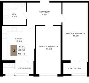 2-к квартира, вторичка, 65м2, 3/21 этаж
