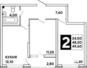 2-к квартира, вторичка, 48м2, 16/16 этаж