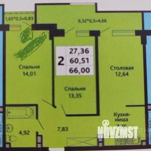 2-к квартира, вторичка, 66м2, 13/18 этаж