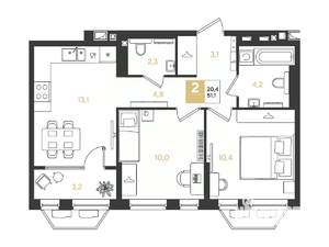 2-к квартира, вторичка, 51м2, 8/9 этаж