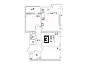 3-к квартира, вторичка, 73м2, 7/16 этаж