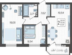 2-к квартира, строящийся дом, 63м2, 23/23 этаж